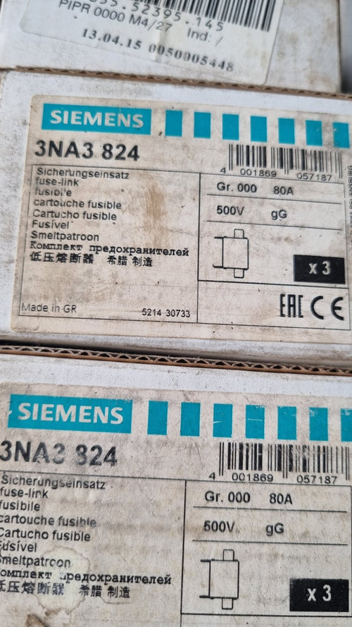 1 VPE 3 Stk. Siemens NH Sicherungseinsatz 3NA3 824 fuse element 80A NH00 3NA3824