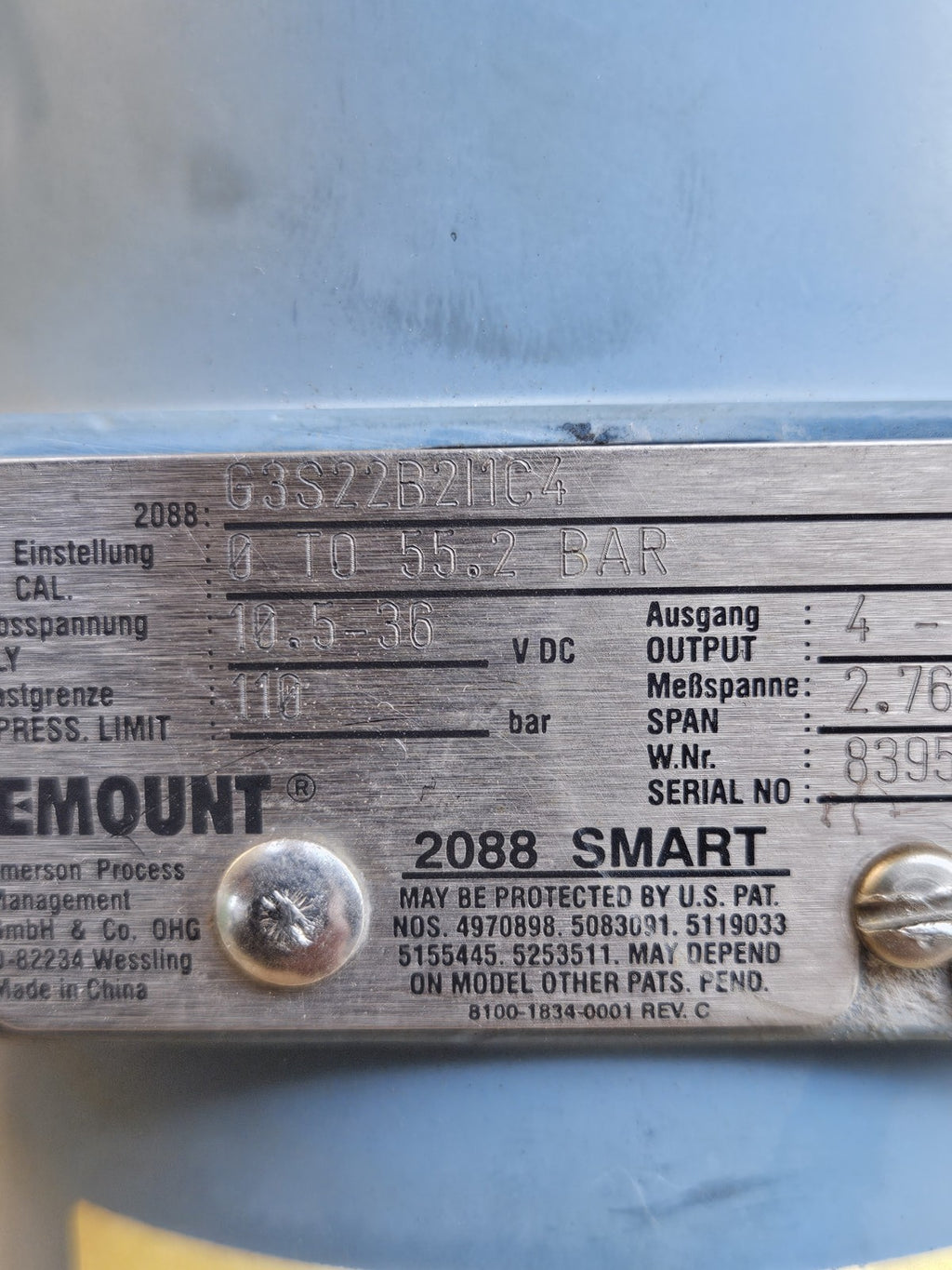 Rosemount 2088/2090 SMART G3S22B2I1C4, BAS00ATEX1166X,Sensor Druckmessumformer