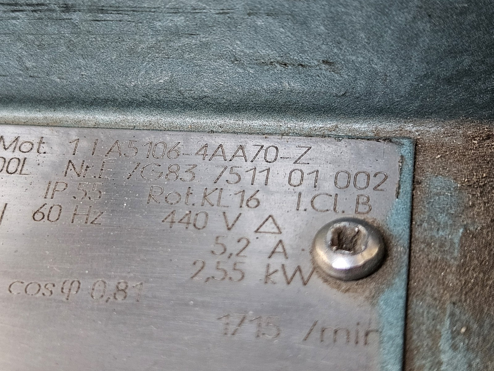 Siemens 1LA5106-4AA70-Z MOTOR, 440V 2,55KW, 7G83 7511 01 002 Fully Working