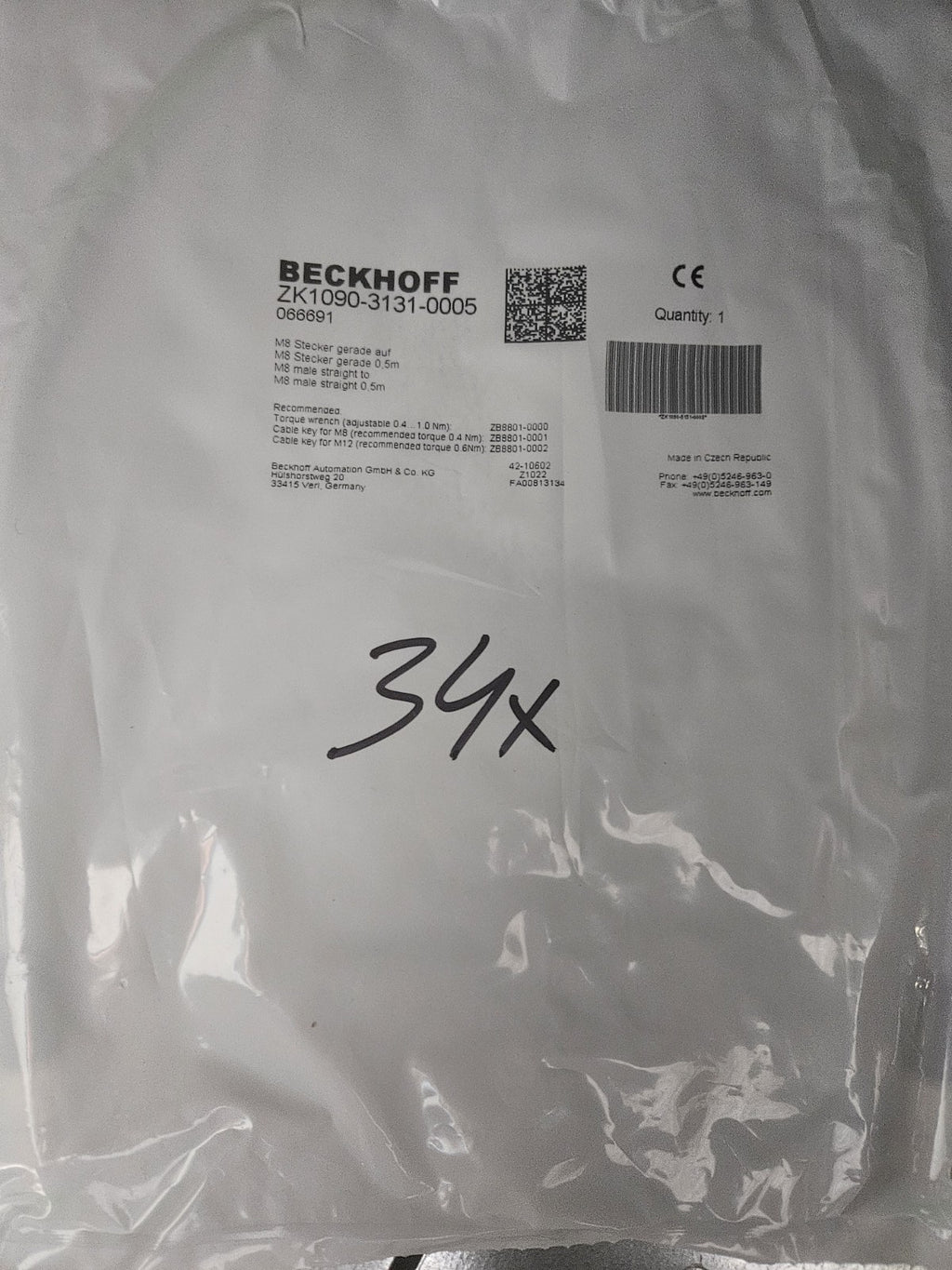 Beckhoff EtherCAT-Leitung PUR AWG 26 M8 Stecker, ZK1090-3131-0005, 066691 NEU