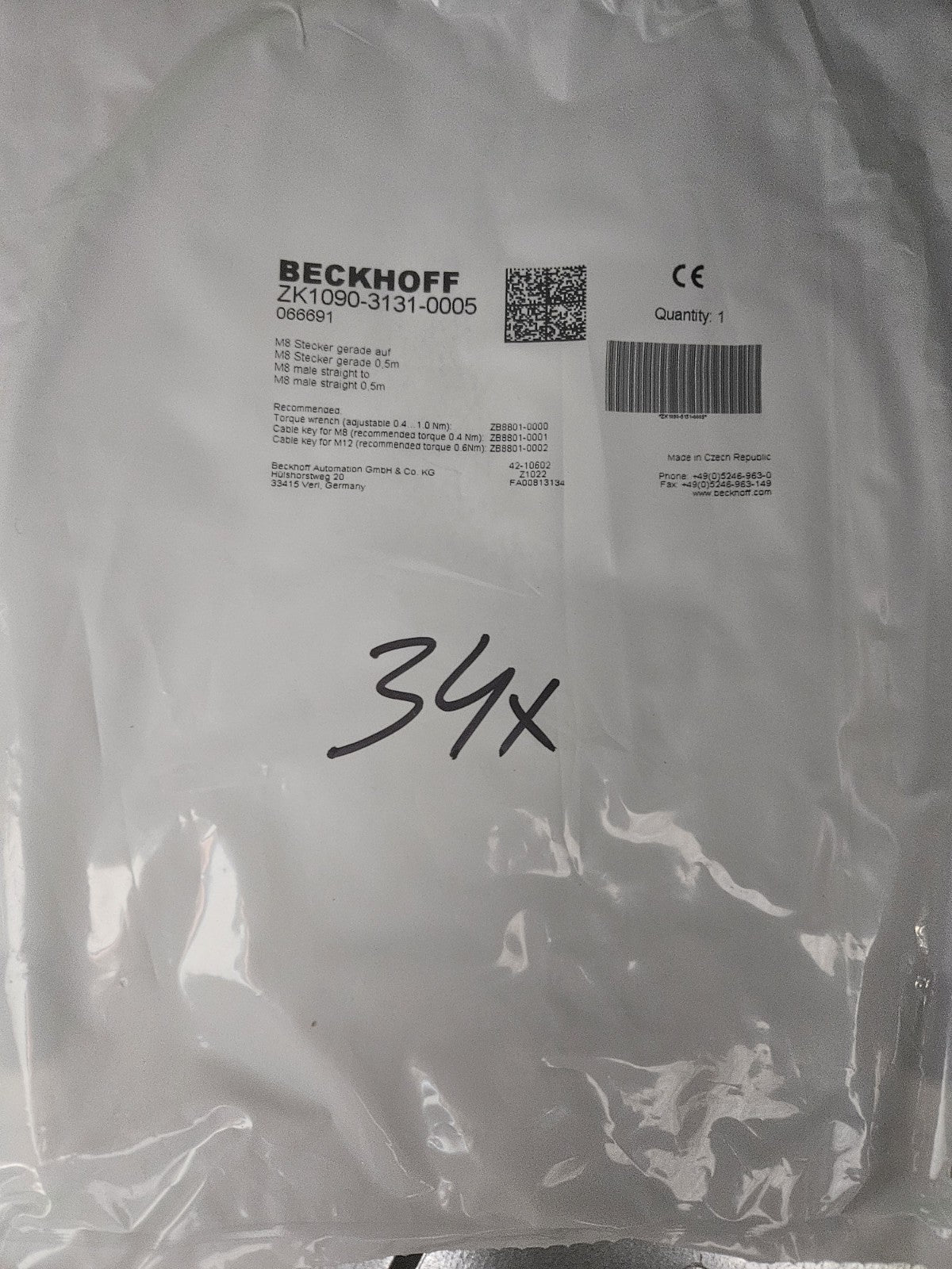 Beckhoff EtherCAT-Leitung PUR AWG 26 M8 Stecker, ZK1090-3131-0005, 066691 NEU
