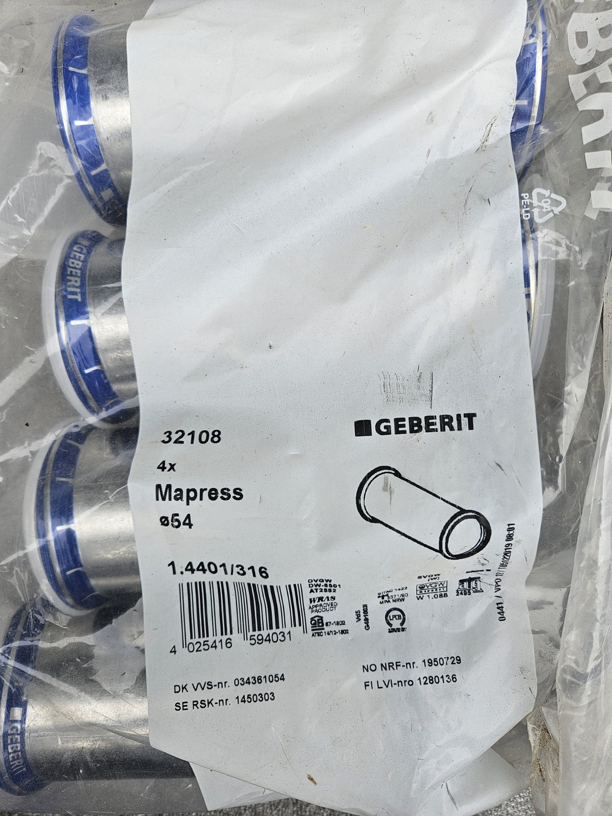 1x Geberit Mapress Edelstahl32108 Muffe Ø54 1.4401/316 -unused- INOX