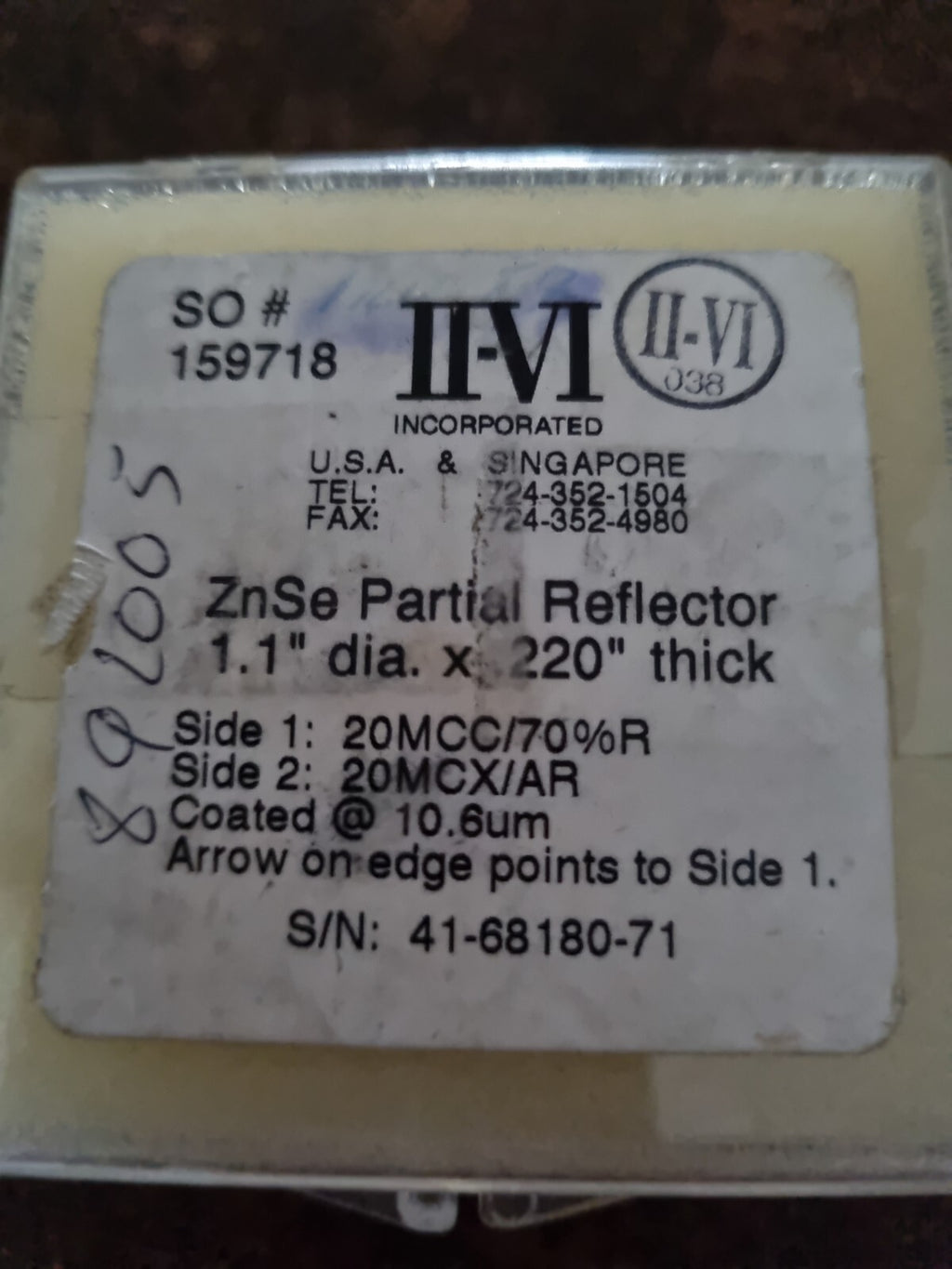II-VI Infrared ZnSe Laser Partial Reflector 1.1" Dia x 0.220" Thick 20MCC/70%