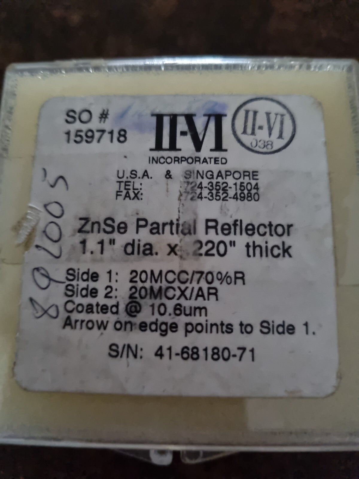 II-VI Infrared ZnSe Laser Partial Reflector 1.1" Dia x 0.220" Thick 20MCC/70%