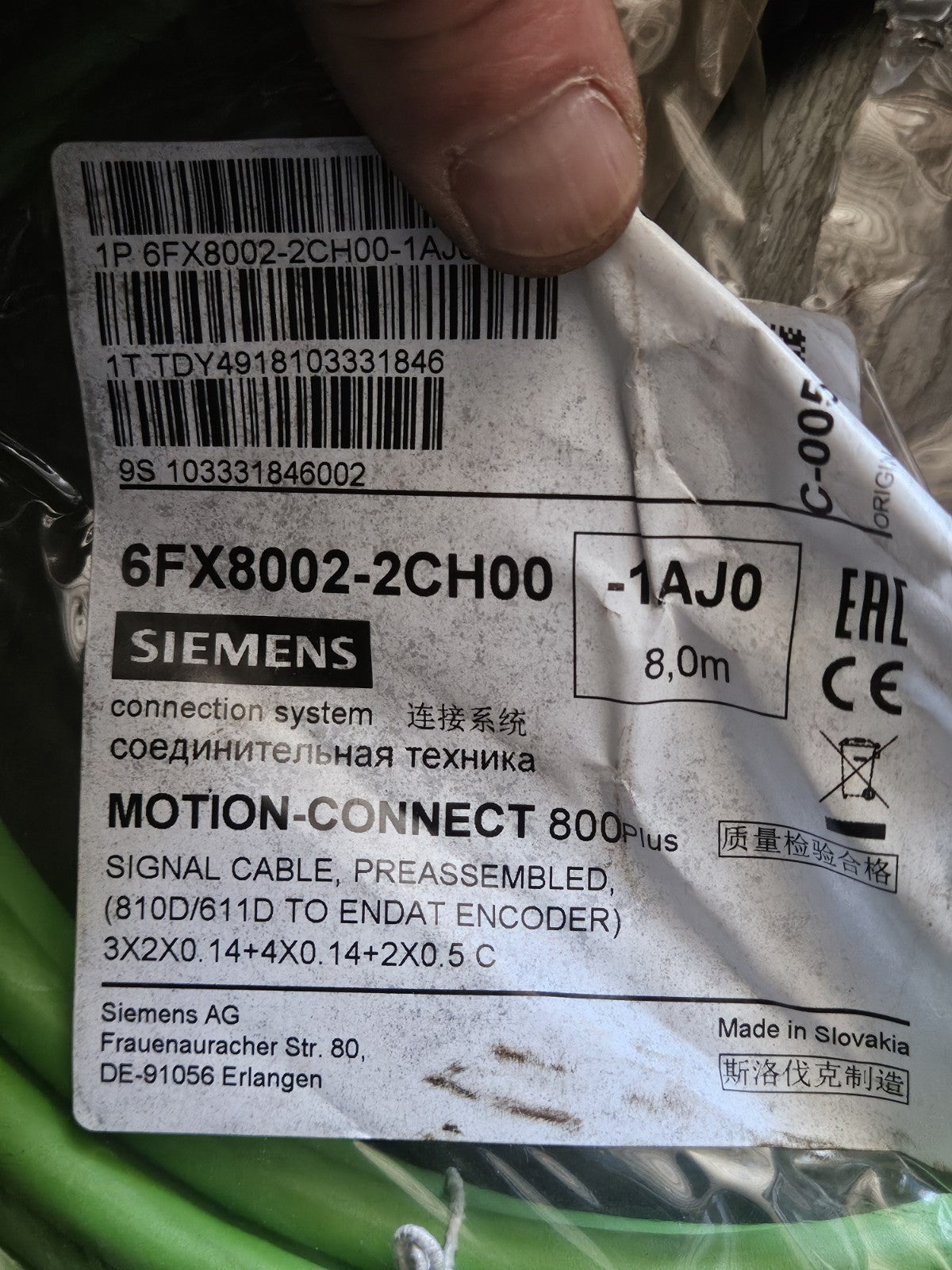 1 x Org.SIEMENS 6FX8002-2CH00-1AJ0 Encoder cable 8M Neu/ovp Nos Unused