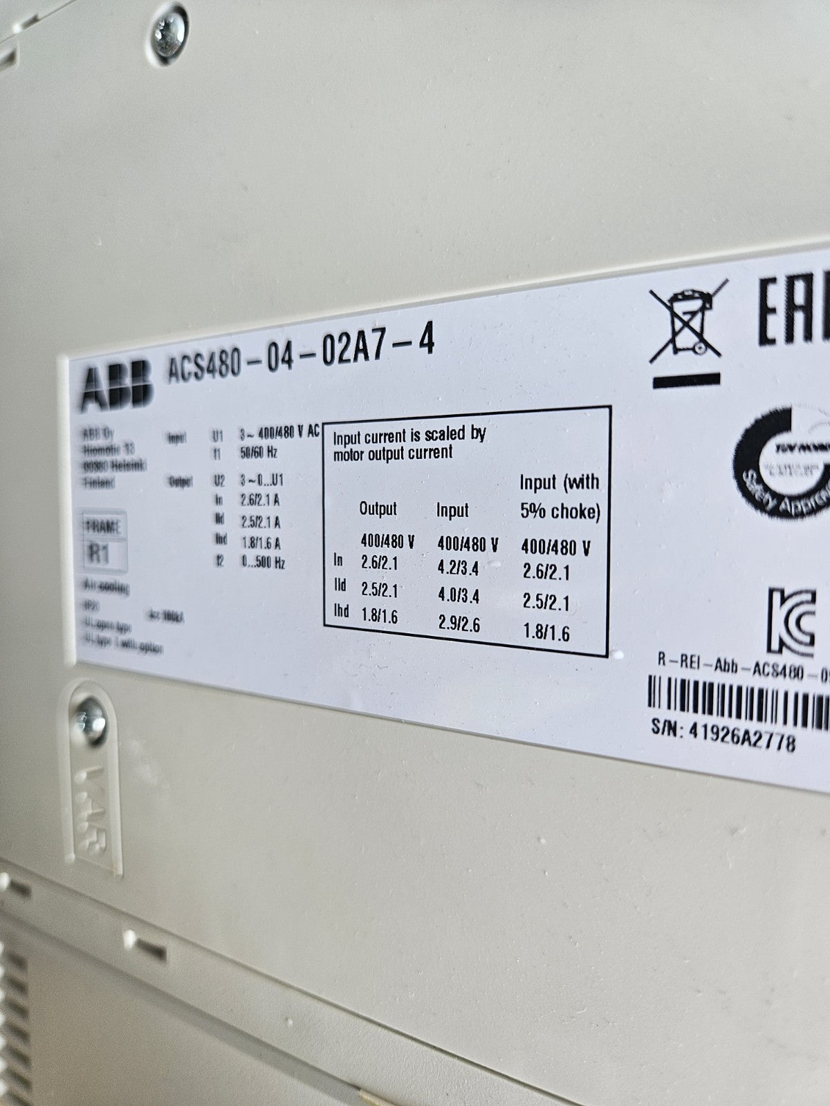 ABB ACS480-04-02A7-4,  S/N 41926A2778,  0.75kW, V2.05.07 Frequenzumrichter used
