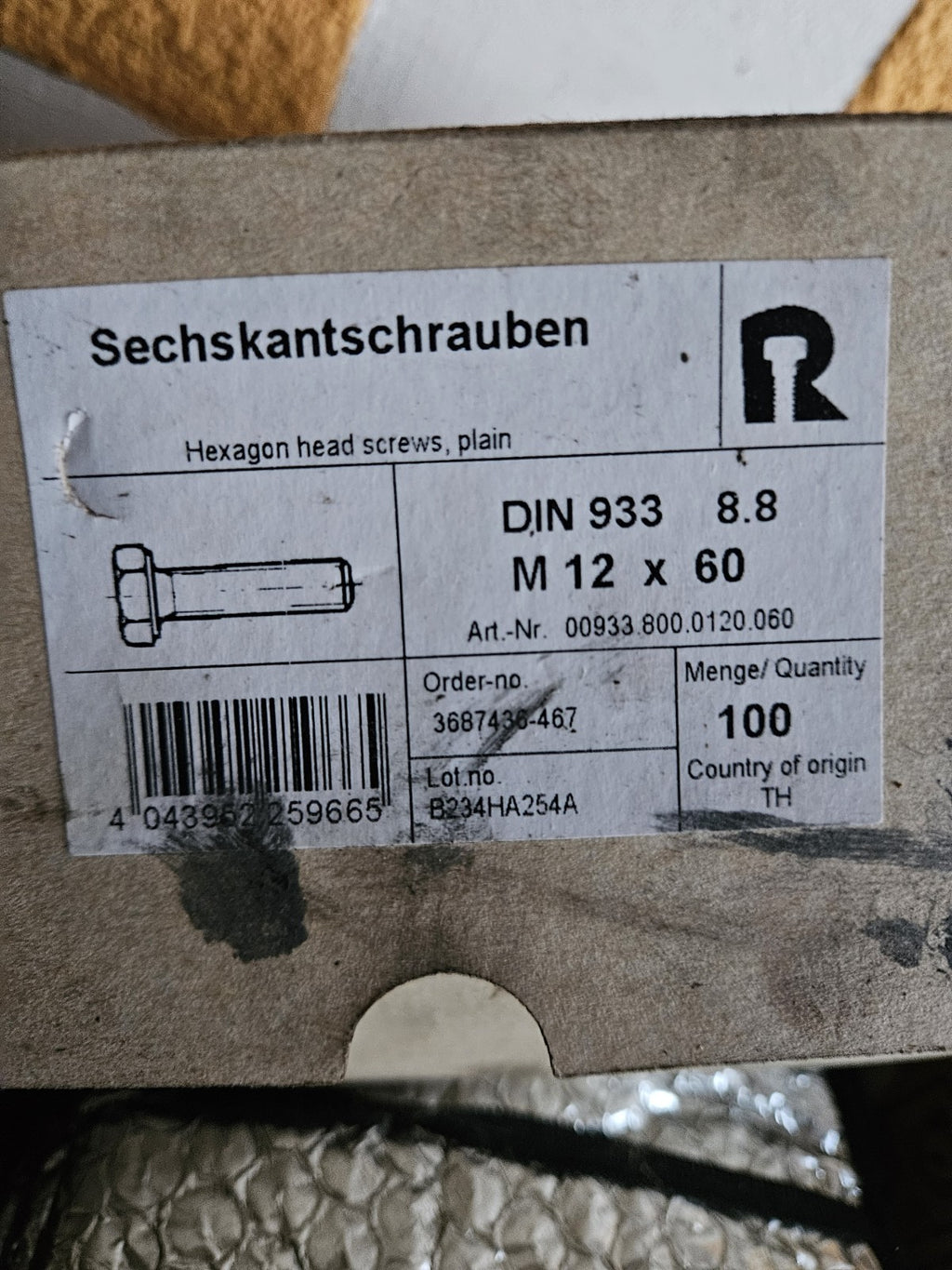 100 xSechskantschrauben,00933.800.0120.060 DIN 933, 8.8 M12x60 Machine Screw  