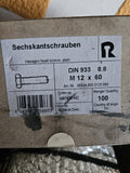 100 xSechskantschrauben,00933.800.0120.060 DIN 933, 8.8 M12x60 Machine Screw  