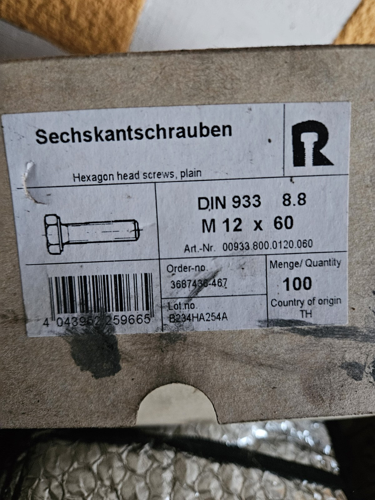 100 xSechskantschrauben,00933.800.0120.060 DIN 933, 8.8 M12x60 Machine Screw  