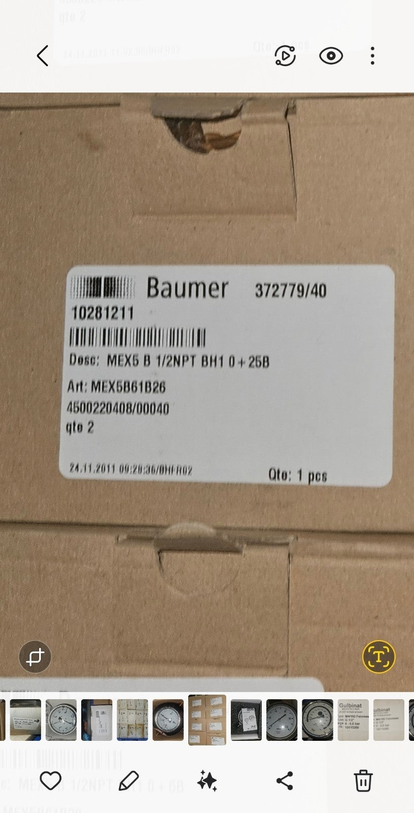 Baumer Bourdon, 10281211, MEX5B61B26 1/2NPT 25Bar Manometer -unused/OVP-new