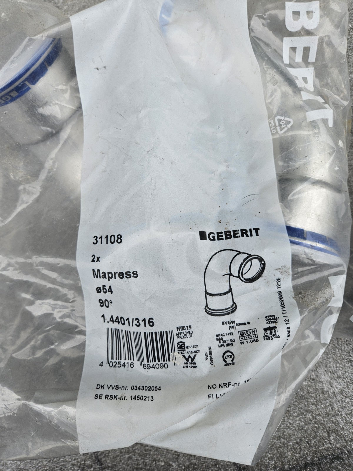 1 x GEBERIT MAPRESS 31108 Edelstahl Bogen 90° d 54 mmNeu INOX new