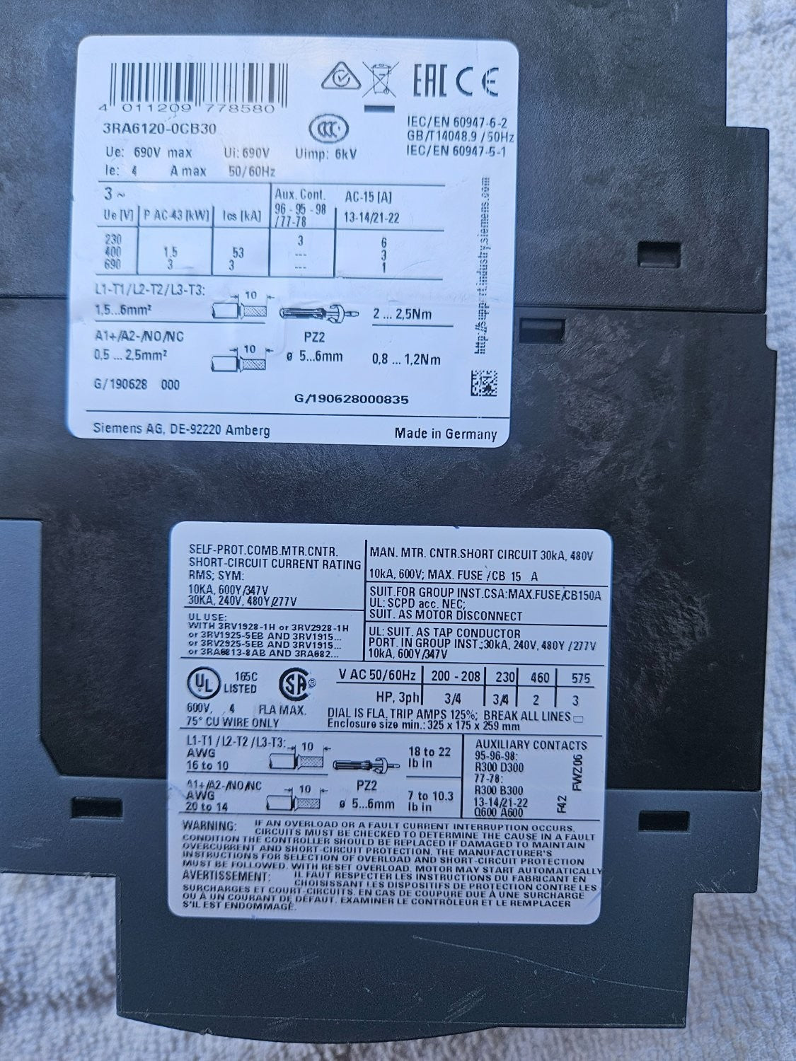 Siemens Sirius 3RA6120-0CB30 Softstarter, motorstarter new unused neu no box