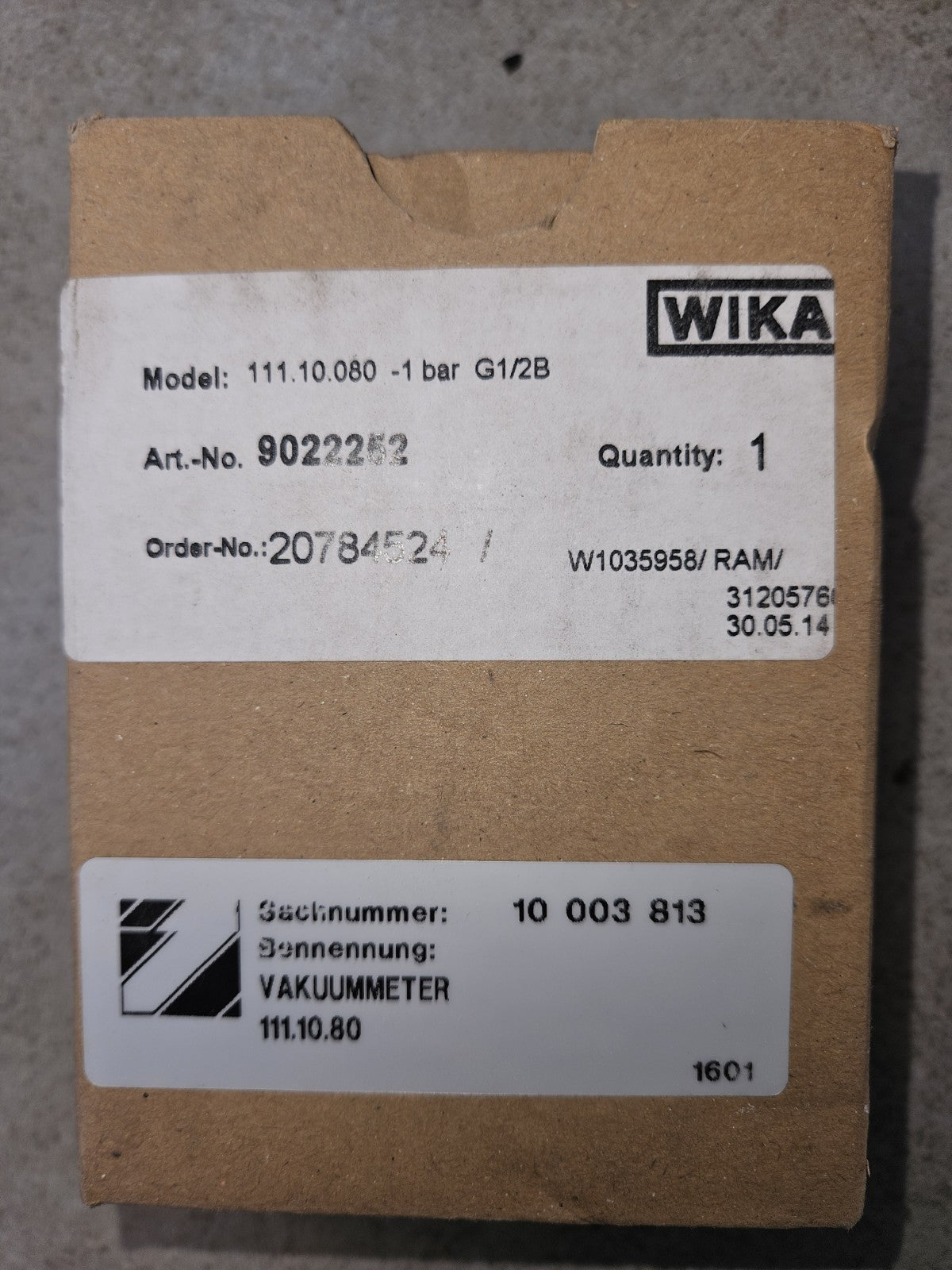 WIKA Vakuummeter 111.10.080/ -1,0 bar Unterdruck G1/2B Neu/ovp 9022252