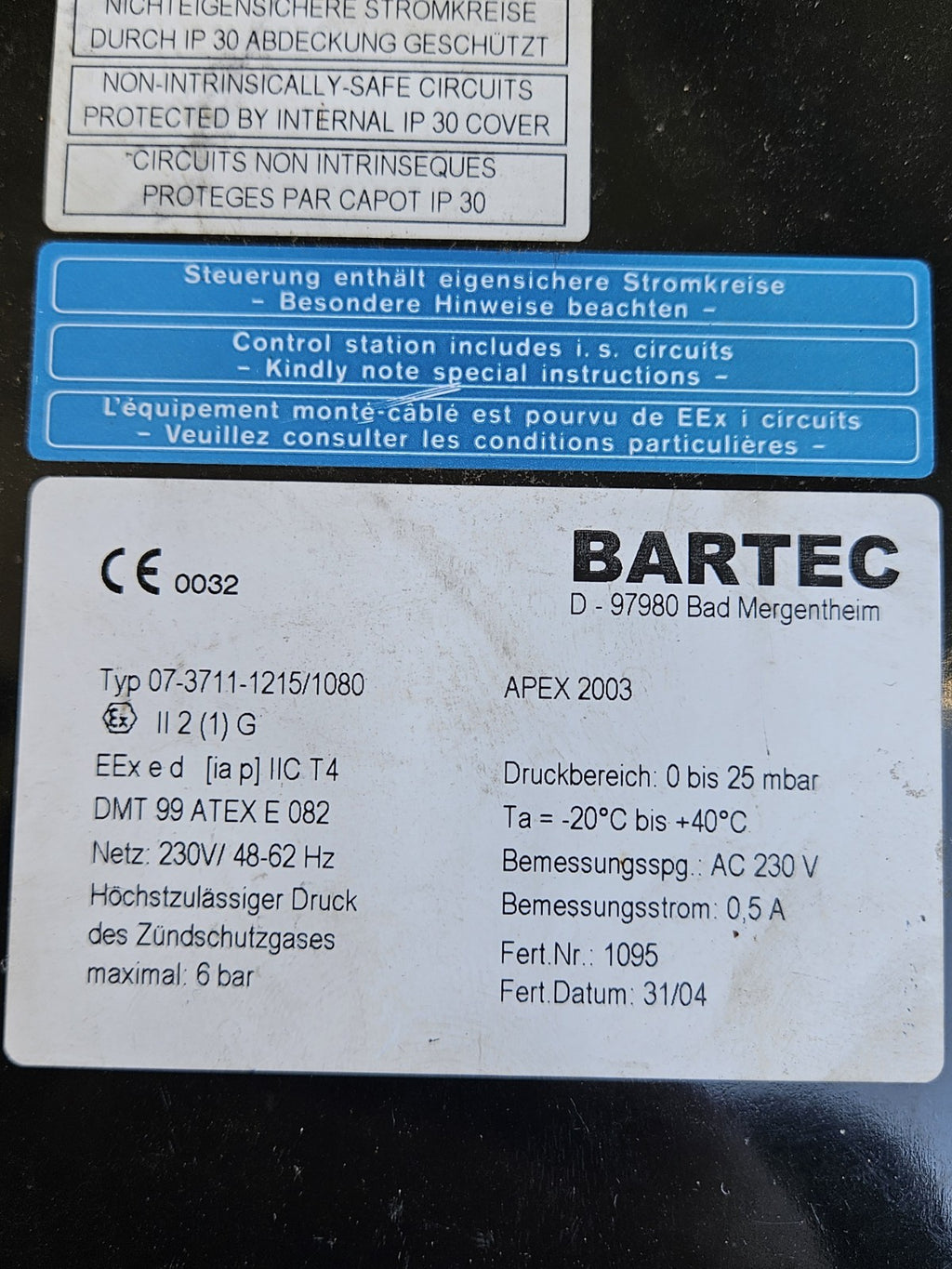 BARTEC 07-3711-1215/1080 neu/unbenutzt, New Ex.geschützt Unused