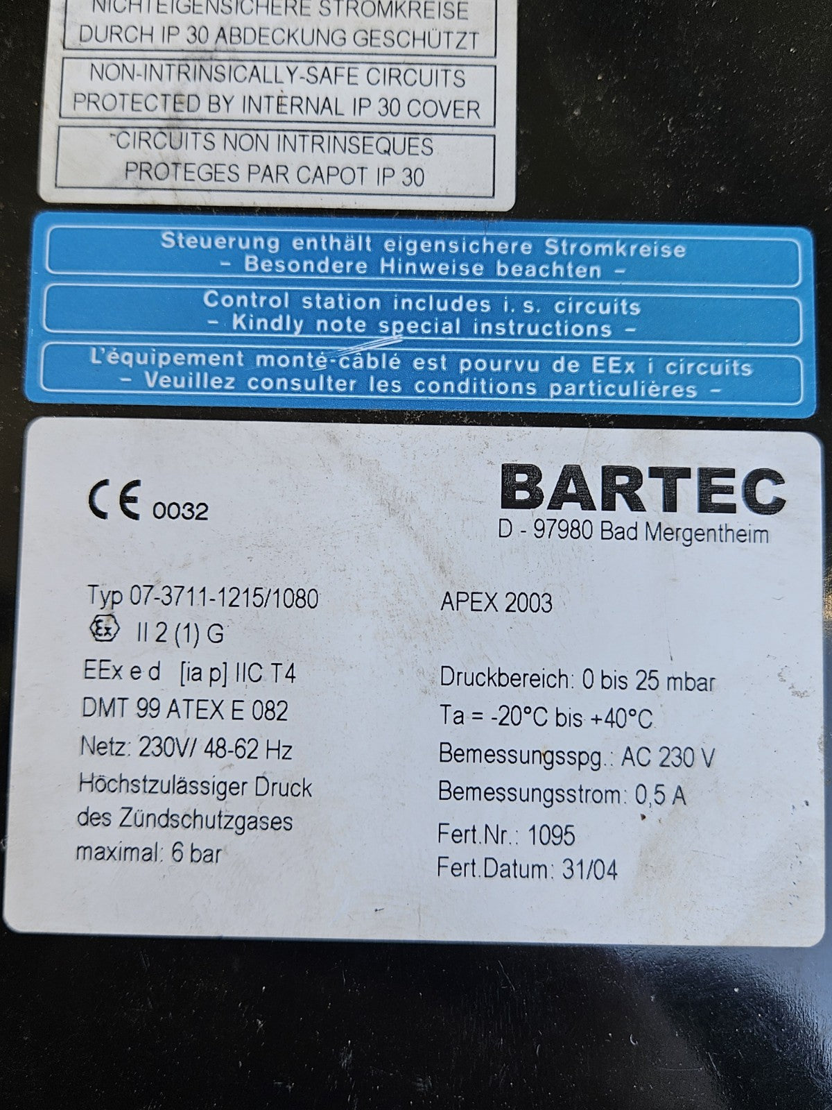 BARTEC 07-3711-1215/1080 neu/unbenutzt, New Ex.geschützt Unused