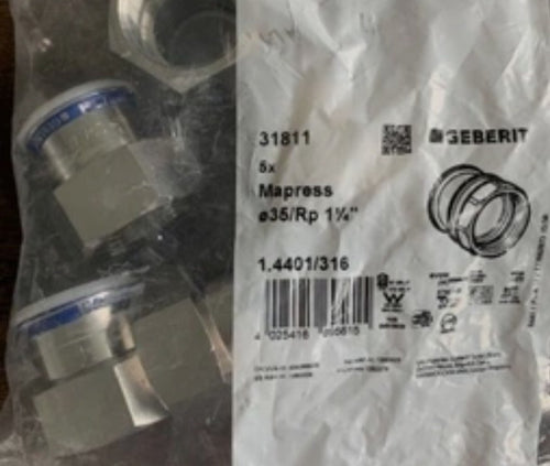 1 x Geberit Mapress Edelstahl Übergang mit IG d35-Rp1 1/4, 31811 unused-INOX Neu