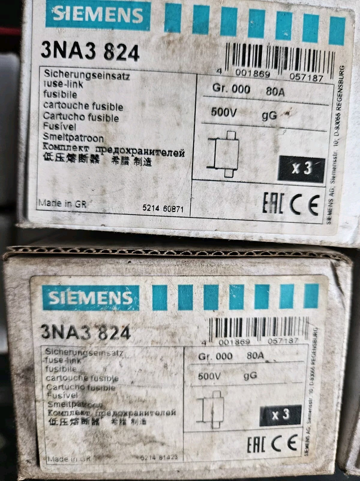 3 Stück Siemens NH000-Sicherungseinsatz 3NA3 824 Sicherung Stromversorgung