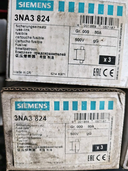 3 Stück Siemens NH000-Sicherungseinsatz 3NA3 824 Sicherung Stromversorgung