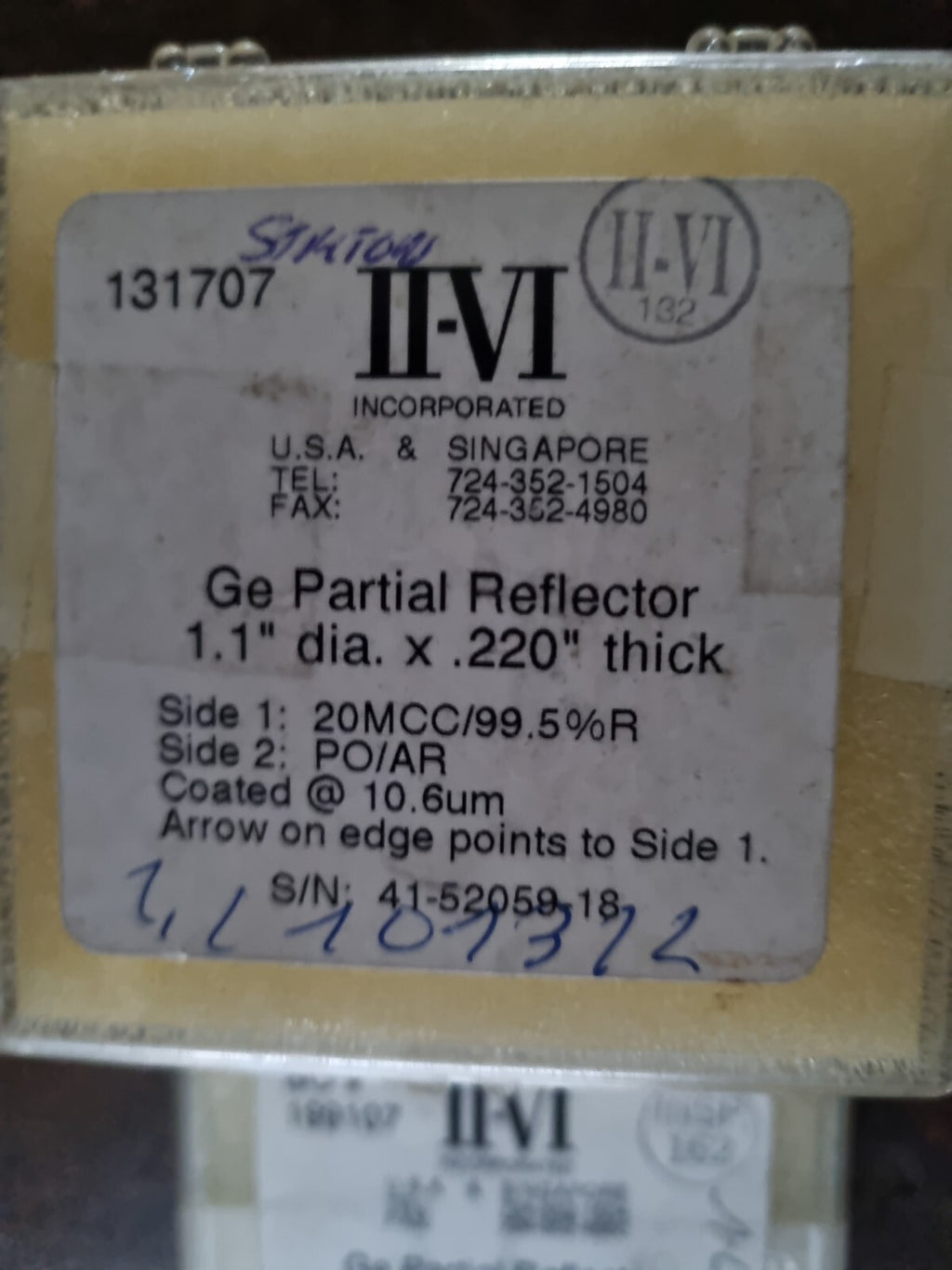 II-VI Infrared GE Laser Partial Reflector 1.1" Dia x 0.220" Thick 20MCC/99.5%