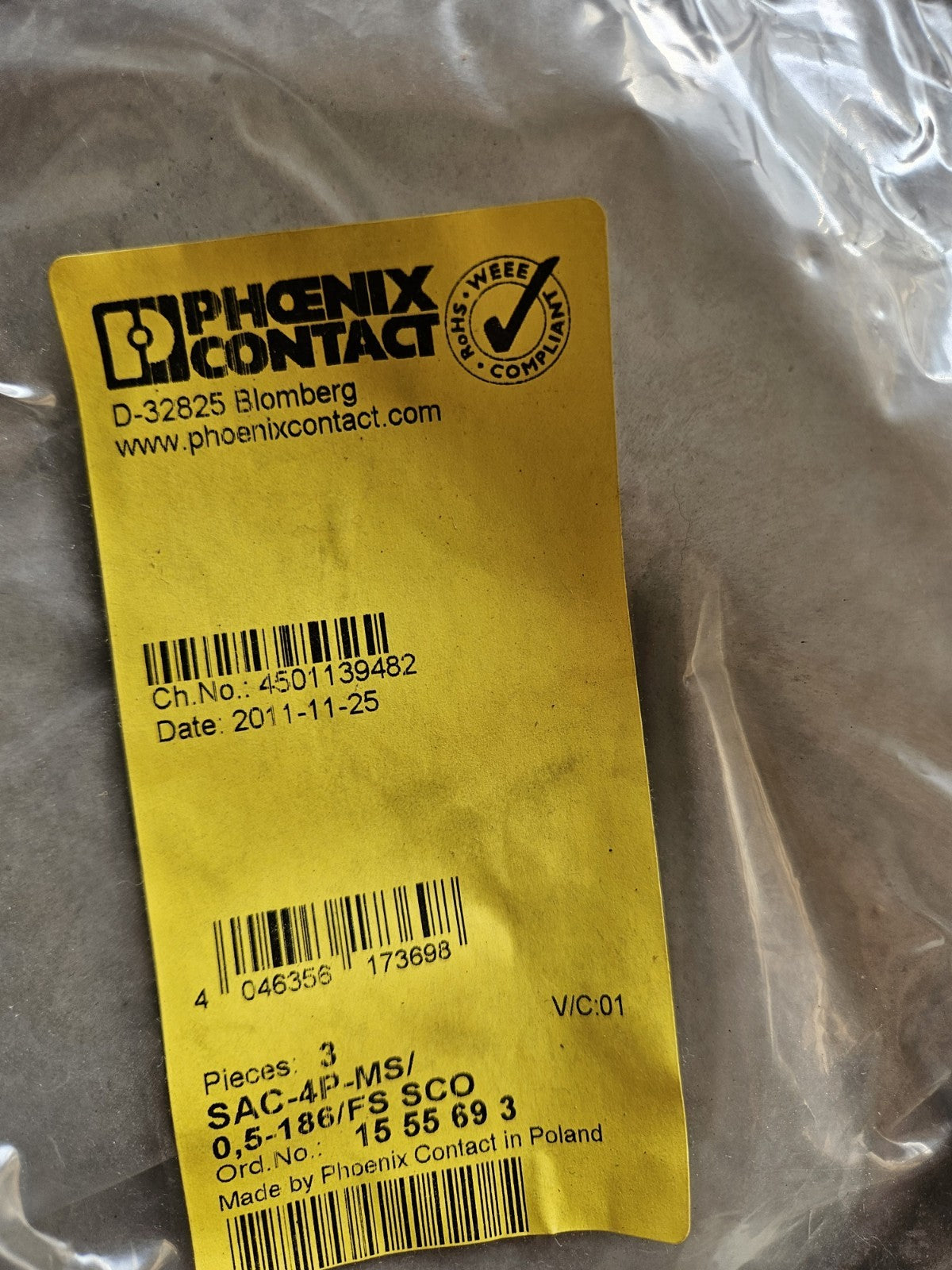 PHOENIX CONTACT SAC-4P-MS/ 0,5-186/FS SCO / SAC4PMS05186FSSCO, 1555693, Neu New