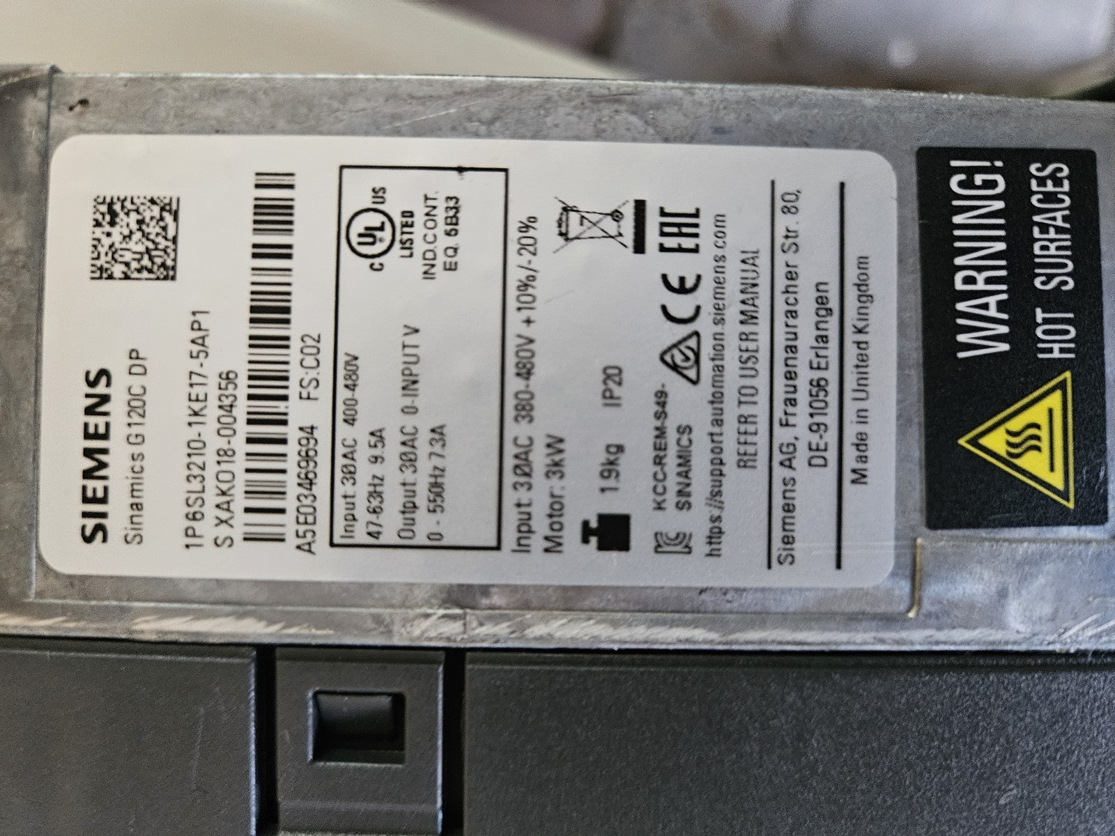 6SL3210-1KE17-5AP1  SIEMENS  SINAMICS G120C Inverter 3kW  Used + Tested, Working