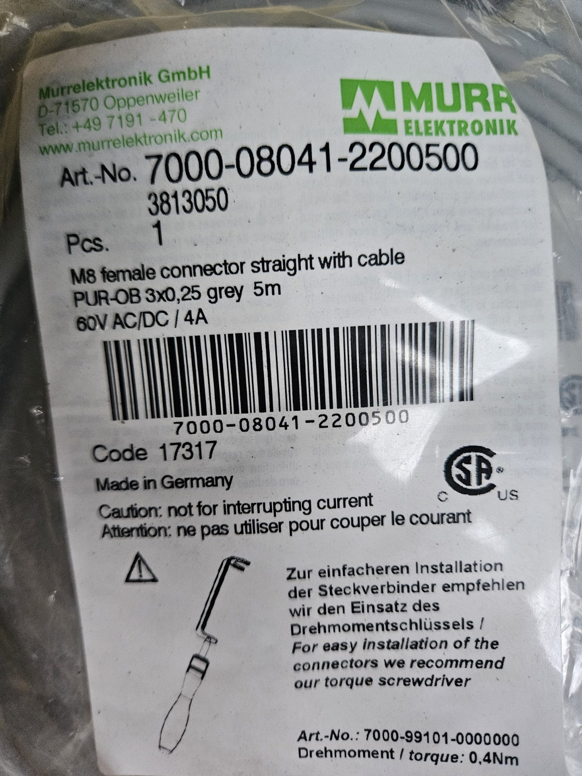 Murr Elektronik Kabel 3813050 MSFL0-RJB5.0  Cable Neu/ovp, New Sealed