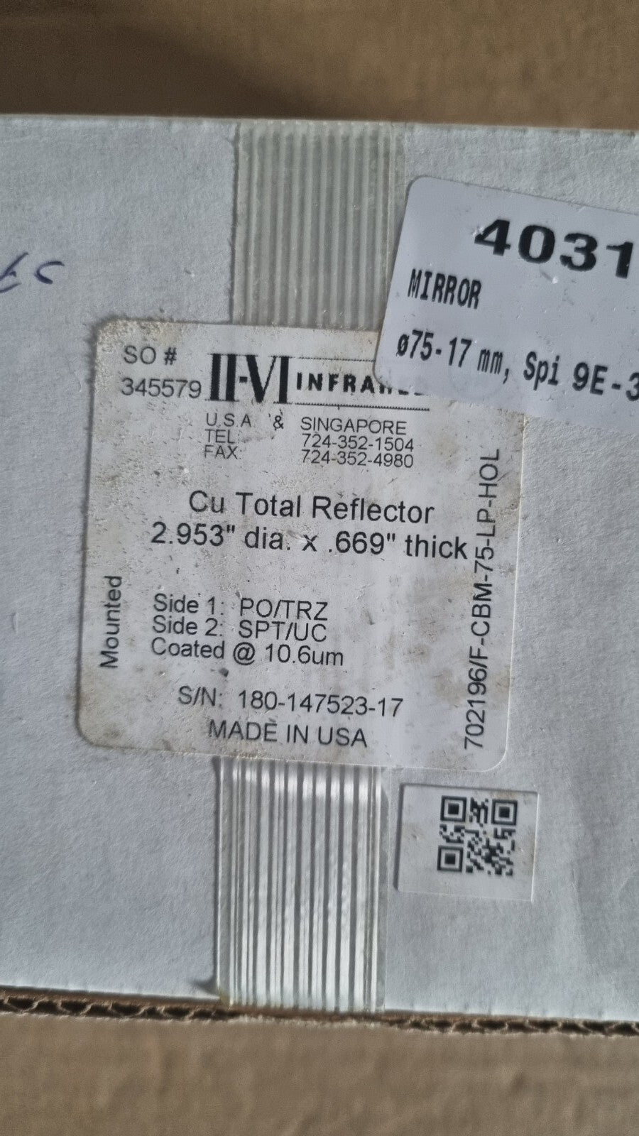 II-VI Infrared Cu Total Reflector, 2.953"dia x 669"thick Ermakson Hypertherm NEW