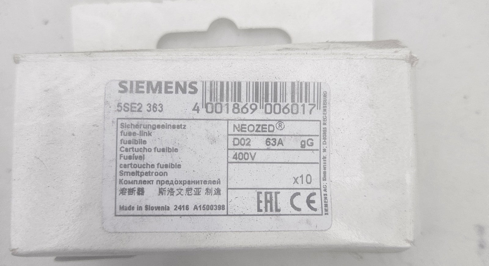 Siemens 5SE2 363 NEOZED 63A Sicherungseinsatz VE: 10 Stück