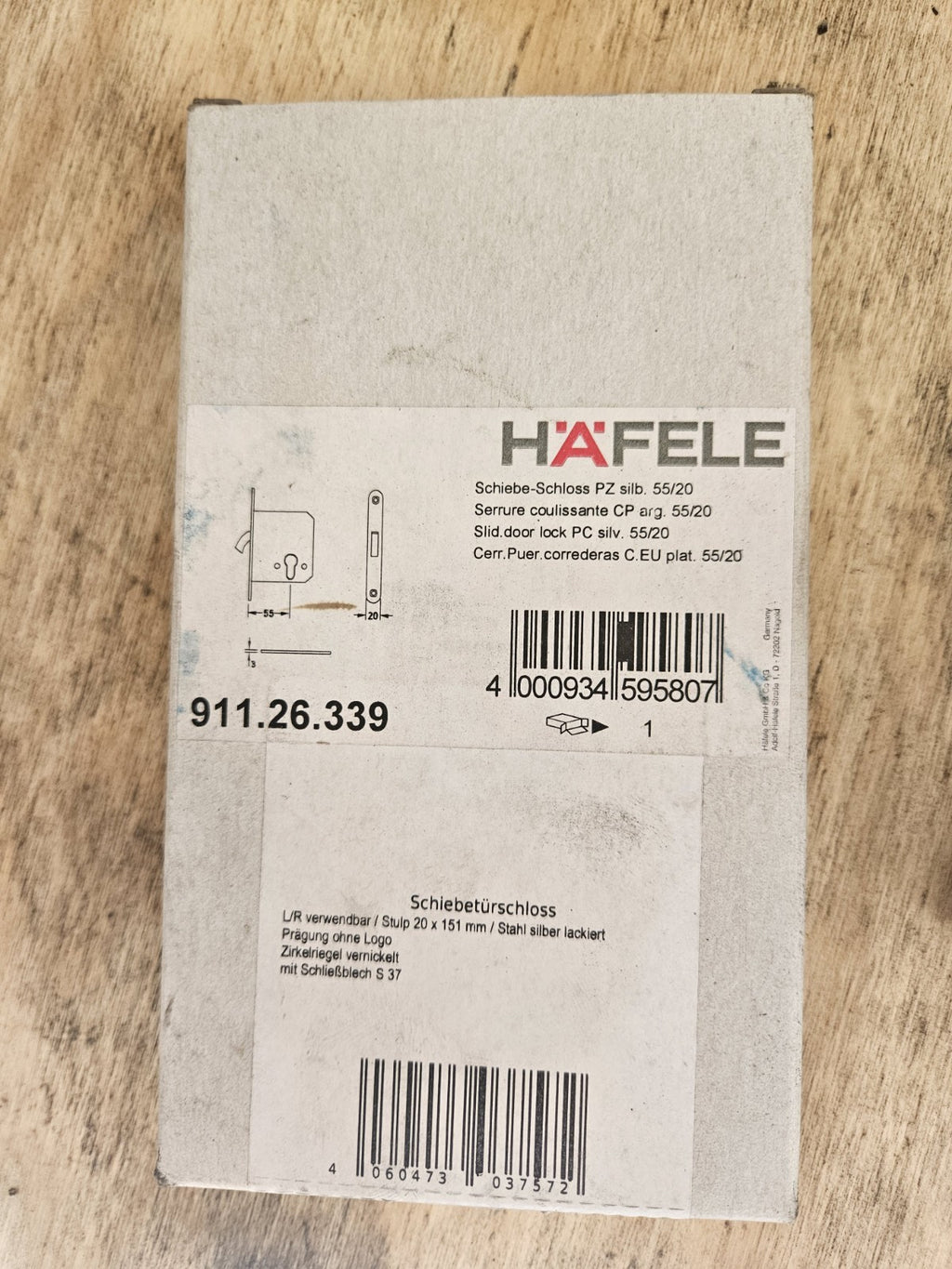 HÄFELE Einsteckschloss f. Schiebetüren, Art.-Nr. 911.26.339, Silber, neu/ovp New