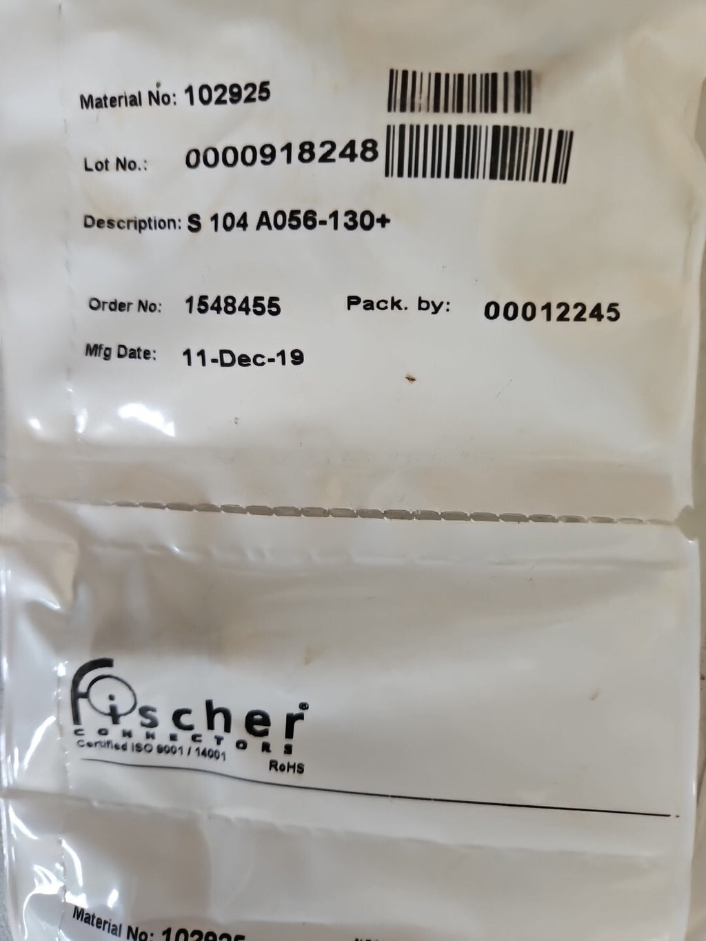FISCHER CONNECTORS S104A056-130+ 102925 New In Box, Neu