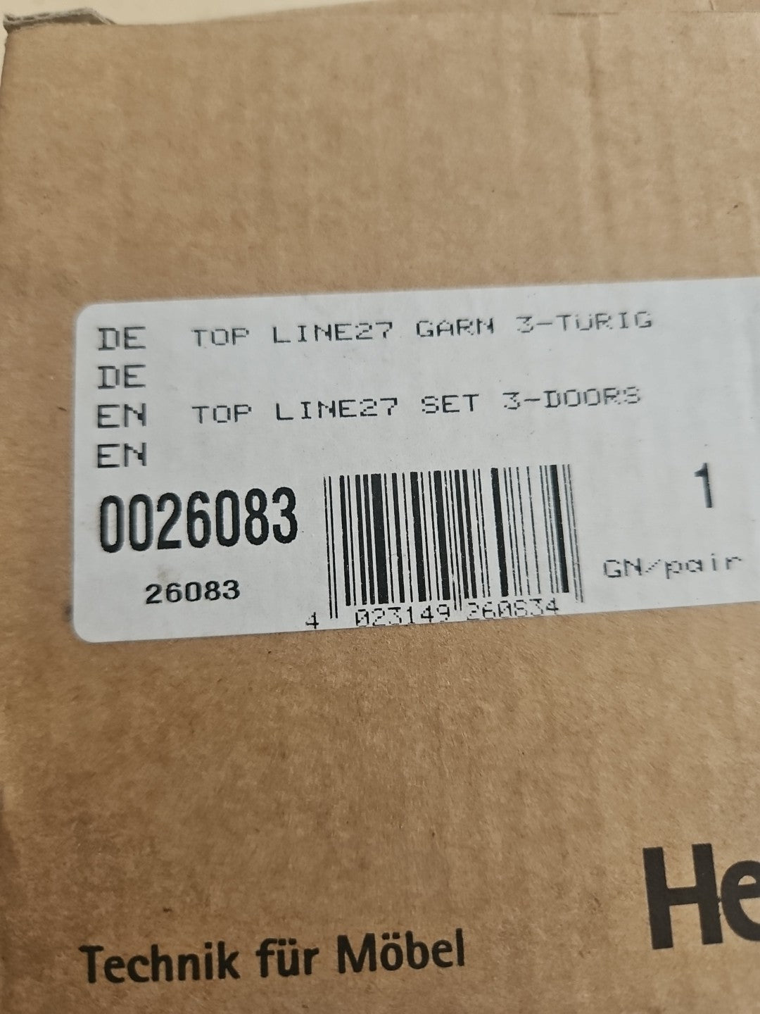HETTICH Schiebetürbeschlag Top Line 27 Set f.3-türigen Schrank, 0026083 Neu/ovp