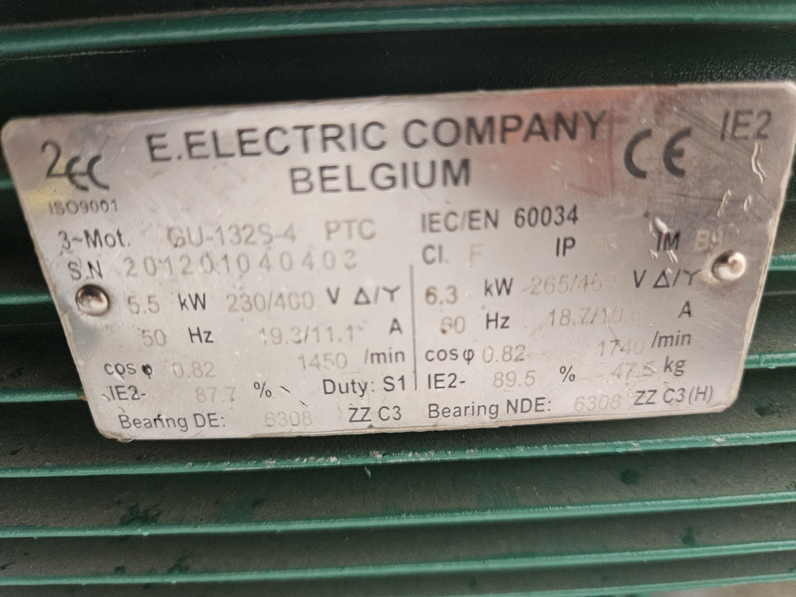 E.Electric Company 5.5/6.3kW Electric Motor 1450RPM 3~Mot GU-132S-4 PTC IE2 400V