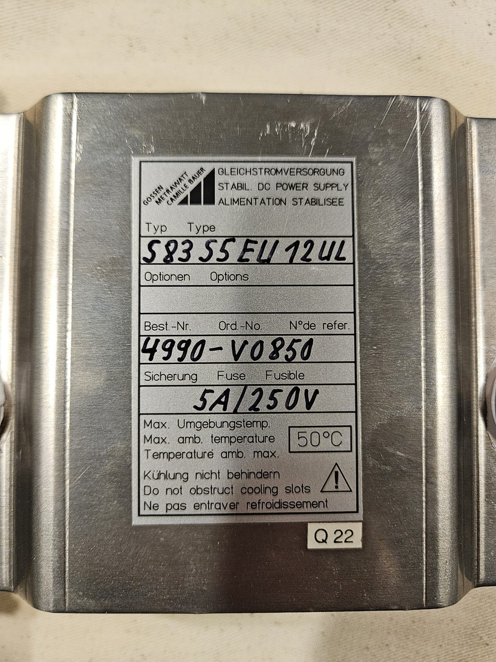Gossen Metrawatt Camille Bauer DC Power Supply S 83 S EU 12 UL / 4990-V0850