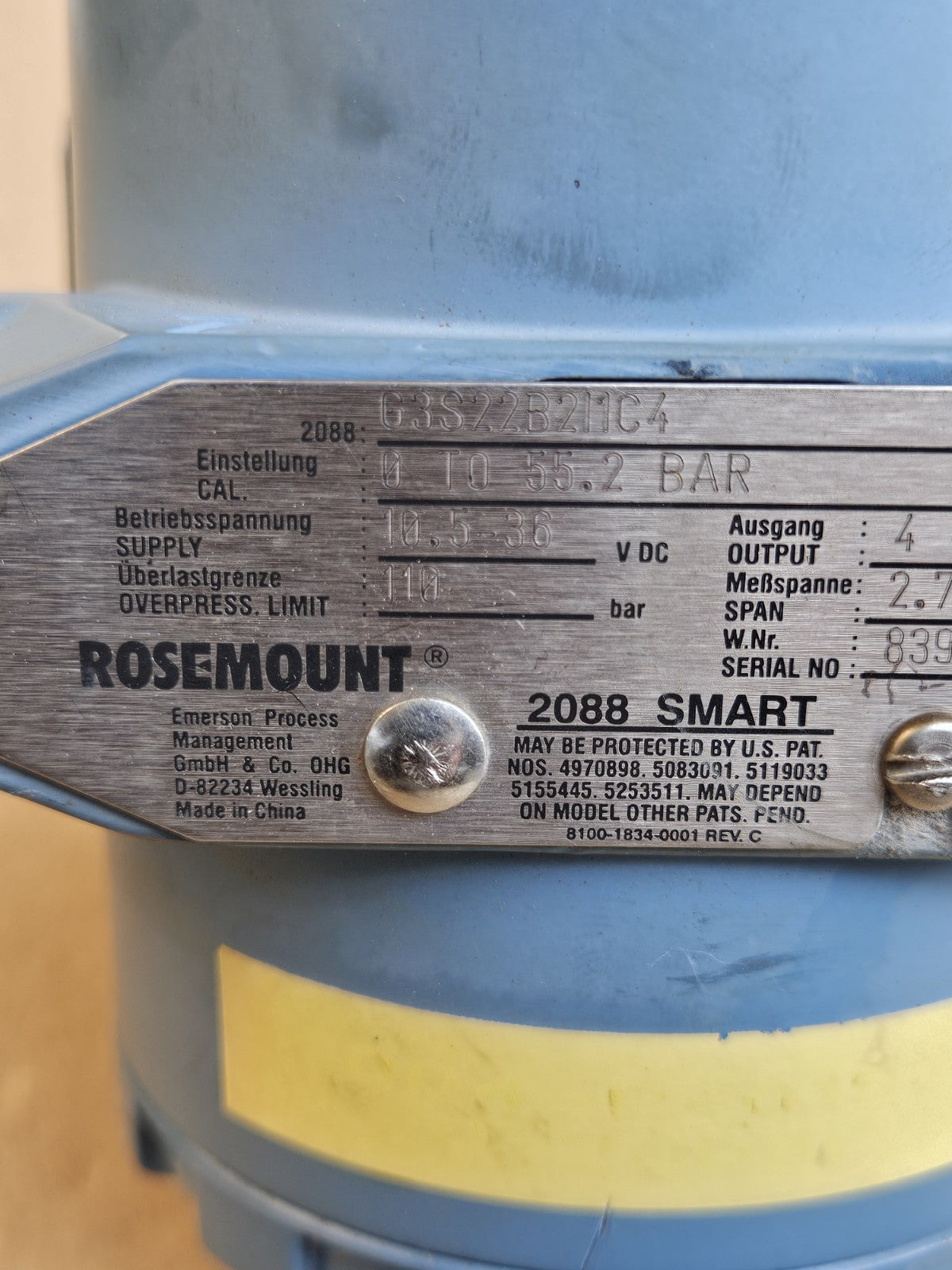 Rosemount 2088/2090 SMART G3S22B2I1C4, BAS00ATEX1166X,Sensor Druckmessumformer