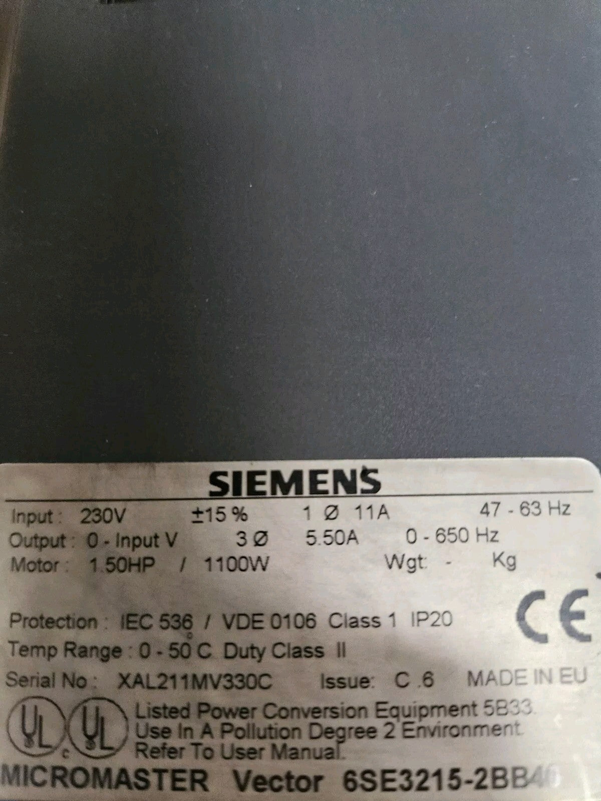 SIEMENS MICROMASTER Vector MMV110 6SE3215-2BB40 Refurbished, Fully Working