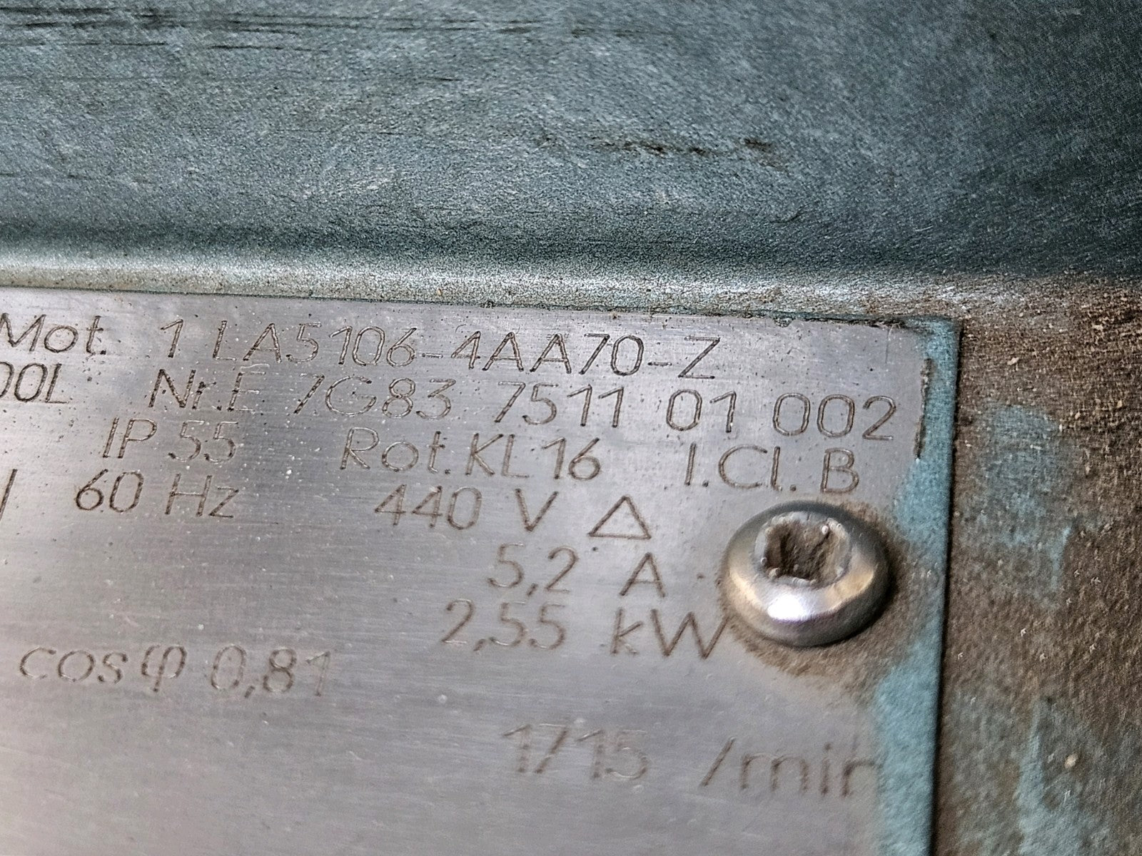 Siemens 1LA5106-4AA70-Z MOTOR, 440V 2,55KW, 7G83 7511 01 002 Fully Working
