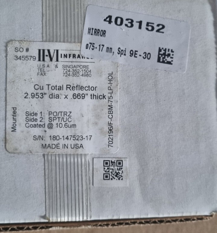 II-VI Infrared Cu Total Reflector, 2.953"dia x 669"thick Ermakson Hypertherm NEW