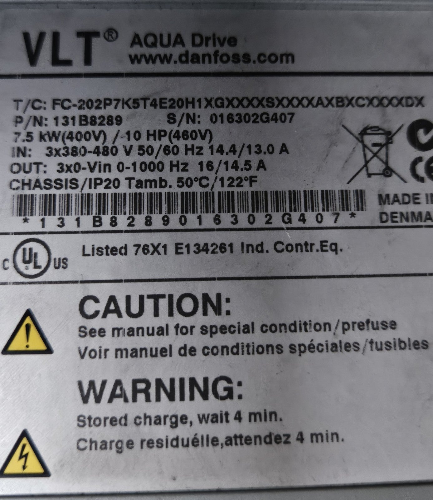 Danfoss FC-202 AQUA-DRIVE VFD Inverter, 7.5kW FC-202P7K5T4E20H1XGXXXXSXXXXAXBXCX