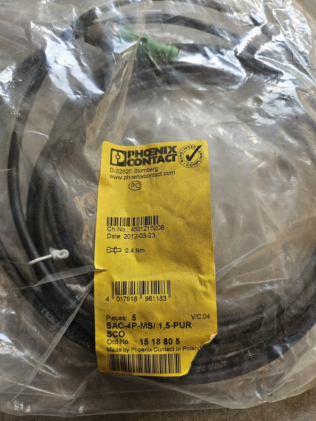 Phoenix Contact SAC-4P-MS 1.5-PUR SCO-1518805 1.5m M12 actuator cable, New Neu