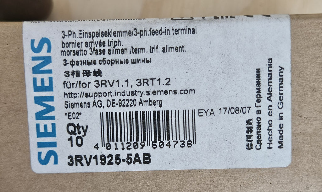 10 x Siemens 3-Phasen-Einspeiseklemme Terminal Clamps  3RV1925-5AB  Neu/ovp New