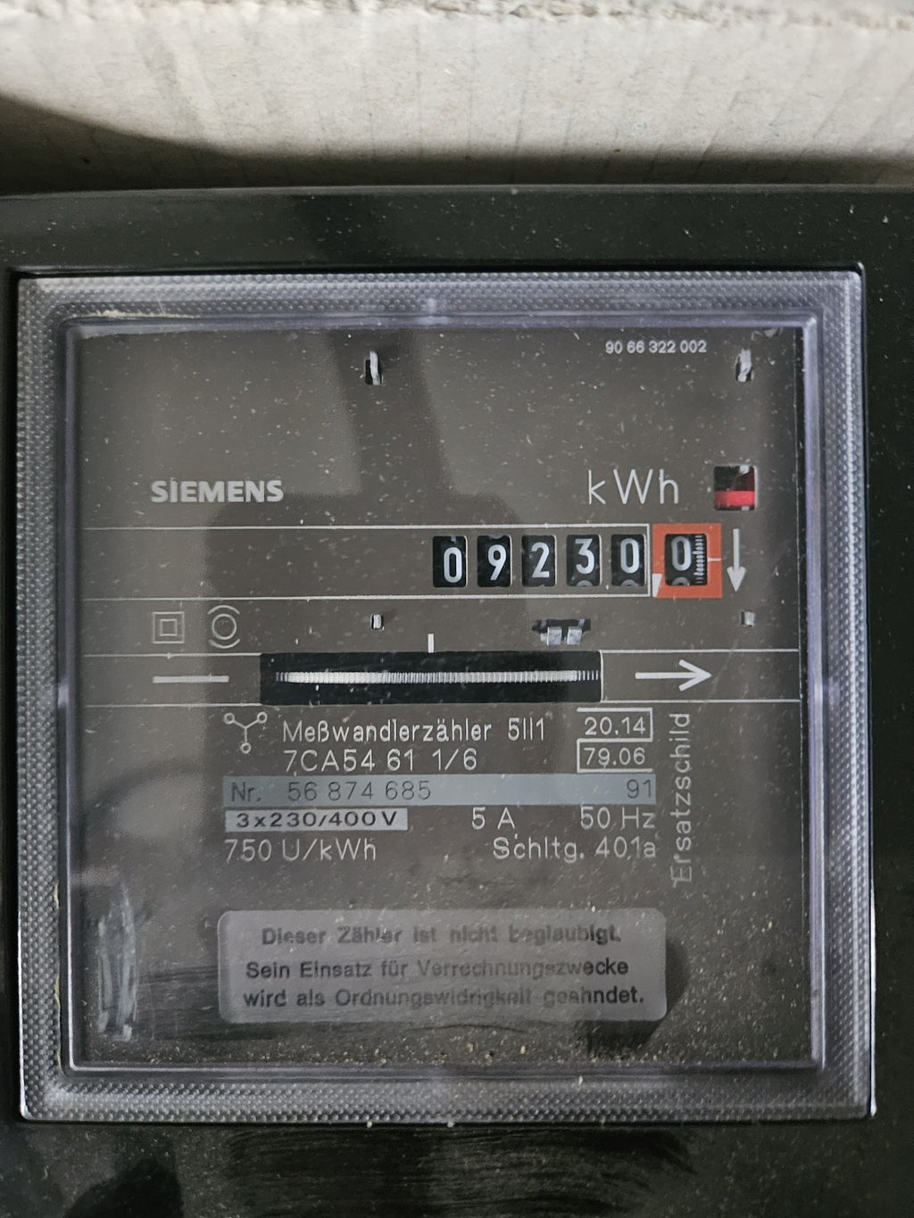 SIEMENS 7CA5461 1/6, NZR 10010206, 220/400V Wechselstromzähler, Meßwandlerzähler