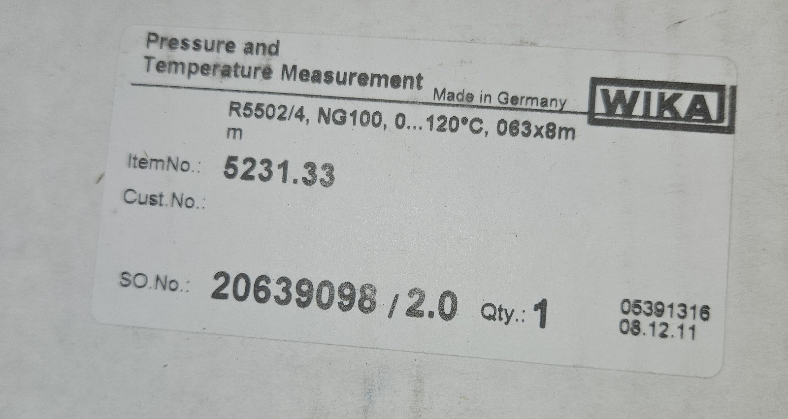 WIKA 5231.33 TEMPERATURANZEIGE, R5502/4, NG100, 0-+120⁰, Neu/ovp, New in Box