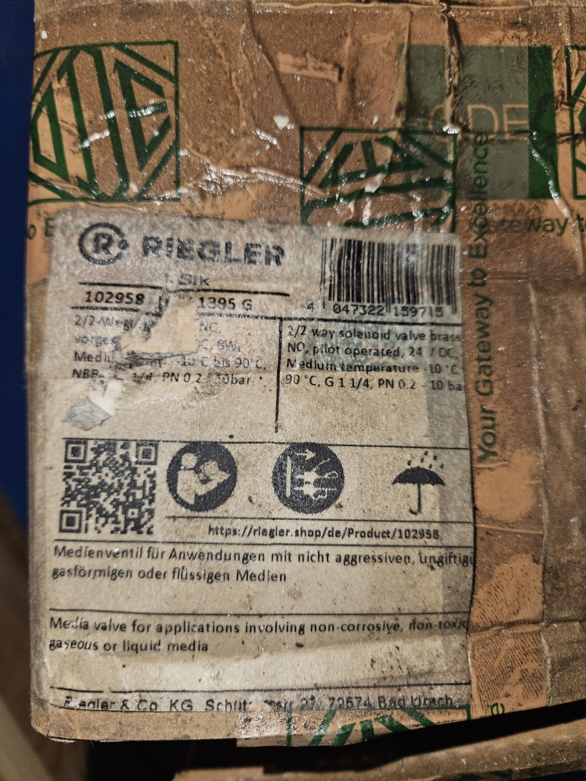 RIEGLER 2/2-MV, MS, NO, vorge., 24V DC, 8W(11W), NBR, G1 1/4, PN0,2-10bar NEU