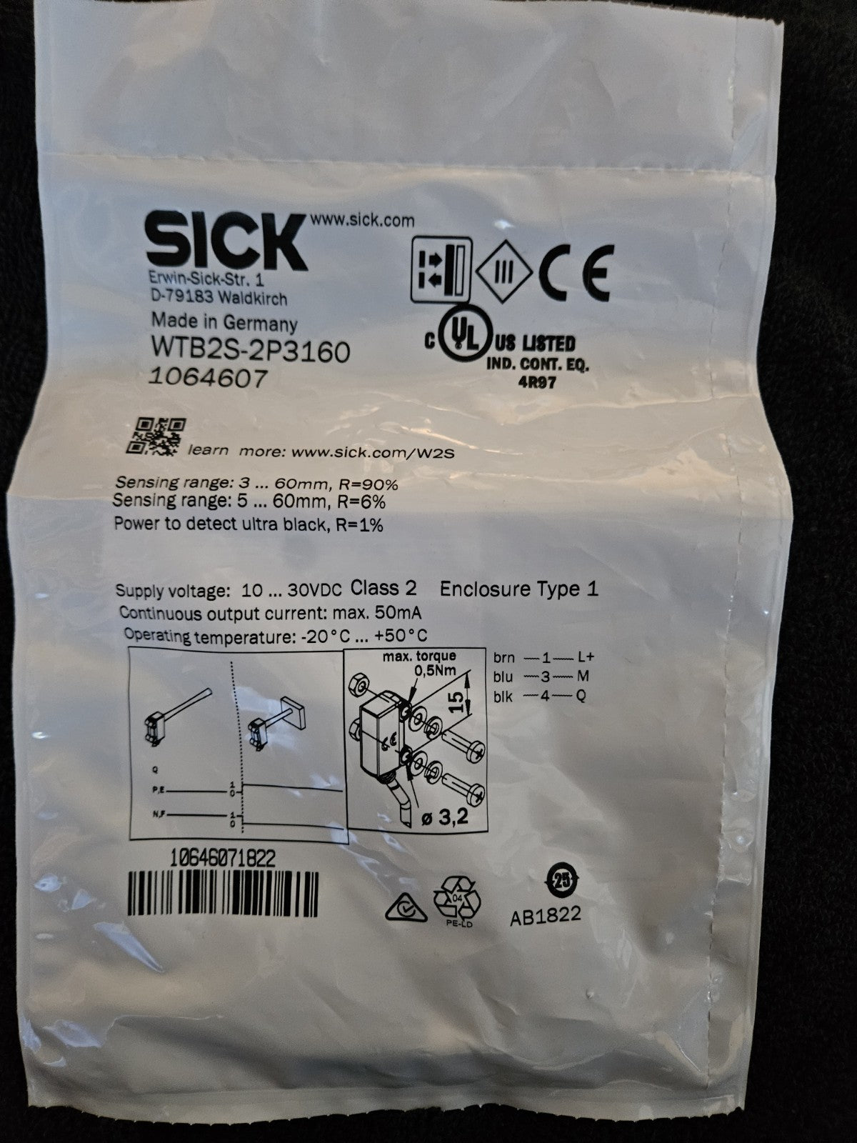 SICK WTB2S-2P3160, 1064607 Photoelectric Sensor, new Sealed Unused, Neu/ovp