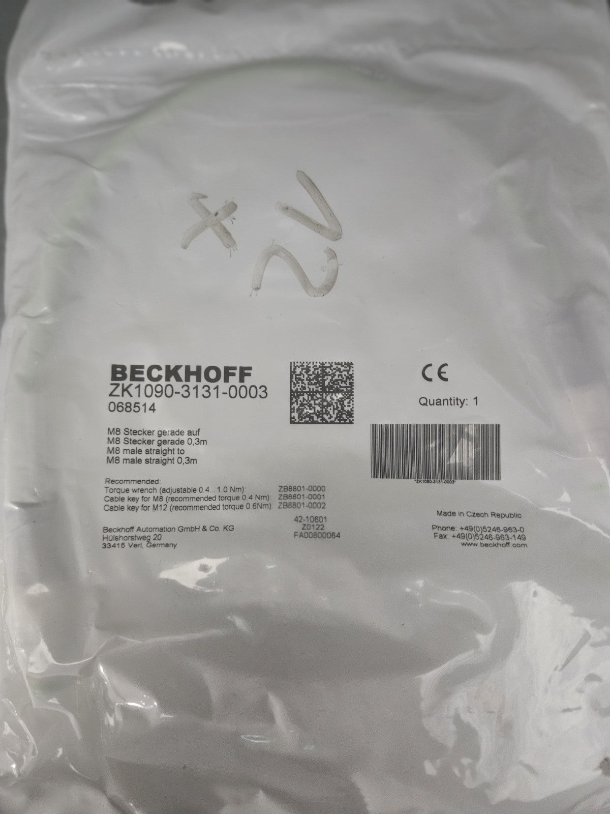 Beckhoff ZK1090-3131-0003 EtherCAT Buskabel 0,3m M8 Stecker  4pol.,PUR, OVP, NEU