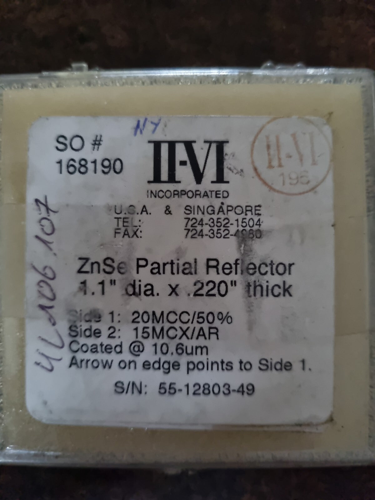 II-VI Infrared ZnSe Laser Partial Reflector 1.1" Dia x 0.220" Thick 20MCC/50%