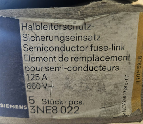 5 x SIEMENS SITOR 3NE8-022 / 3NE8022, 125A, semiconductor fuse link, New In Box