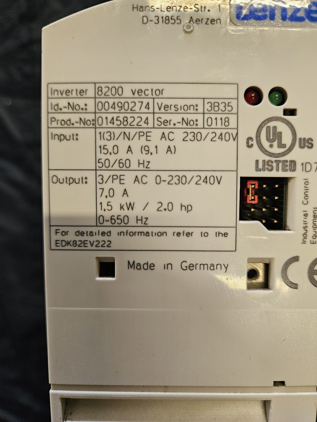 E82EV152_2C LENZE Inverter Umrichter Drive 8200 Vector 1.5kW Refurbished Working