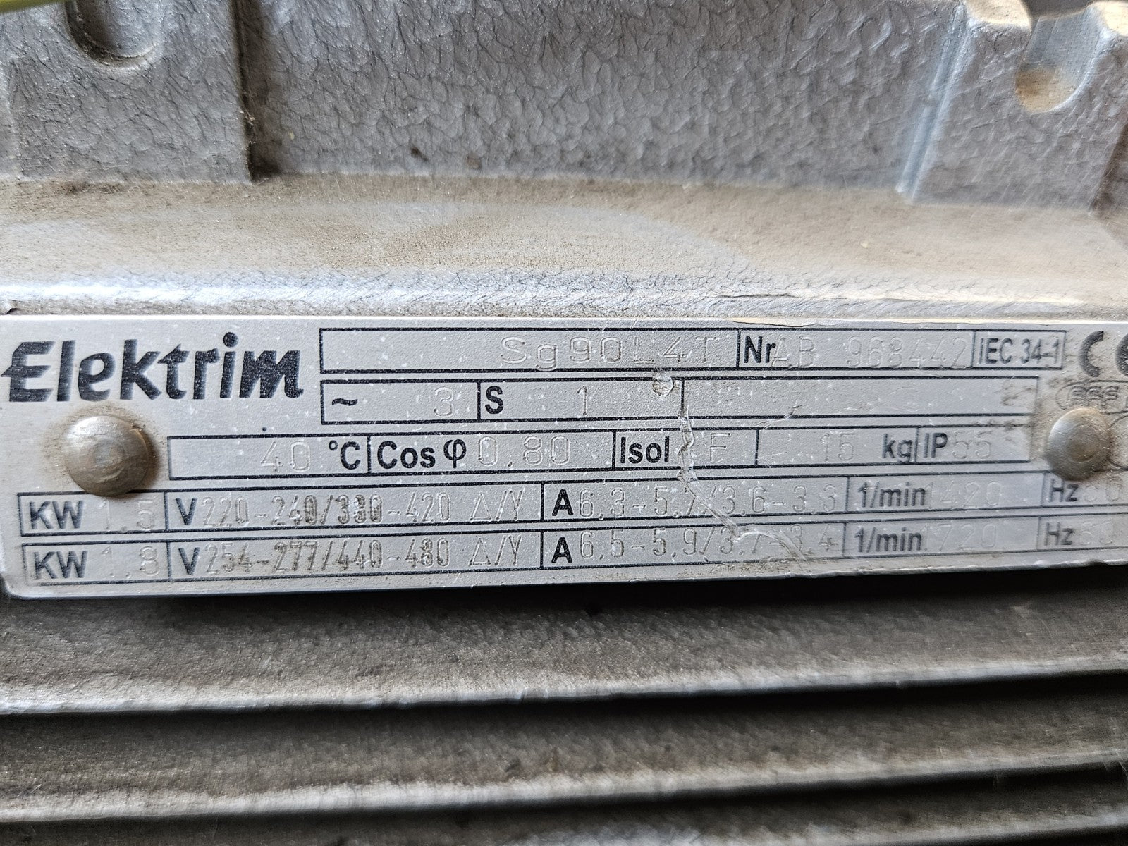 Elektrim Sg90L4T Electric Motor 1.5-1,8kW, 1420-1720 RPM, 220-480V Used, Spare