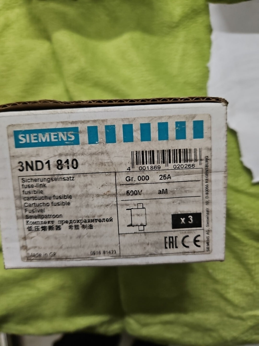 3 Stk. Siemens Dig.Industr. NH-Sicherungseinsatz 3ND1810, 3ND1 810, 25A, Neu/ovp
